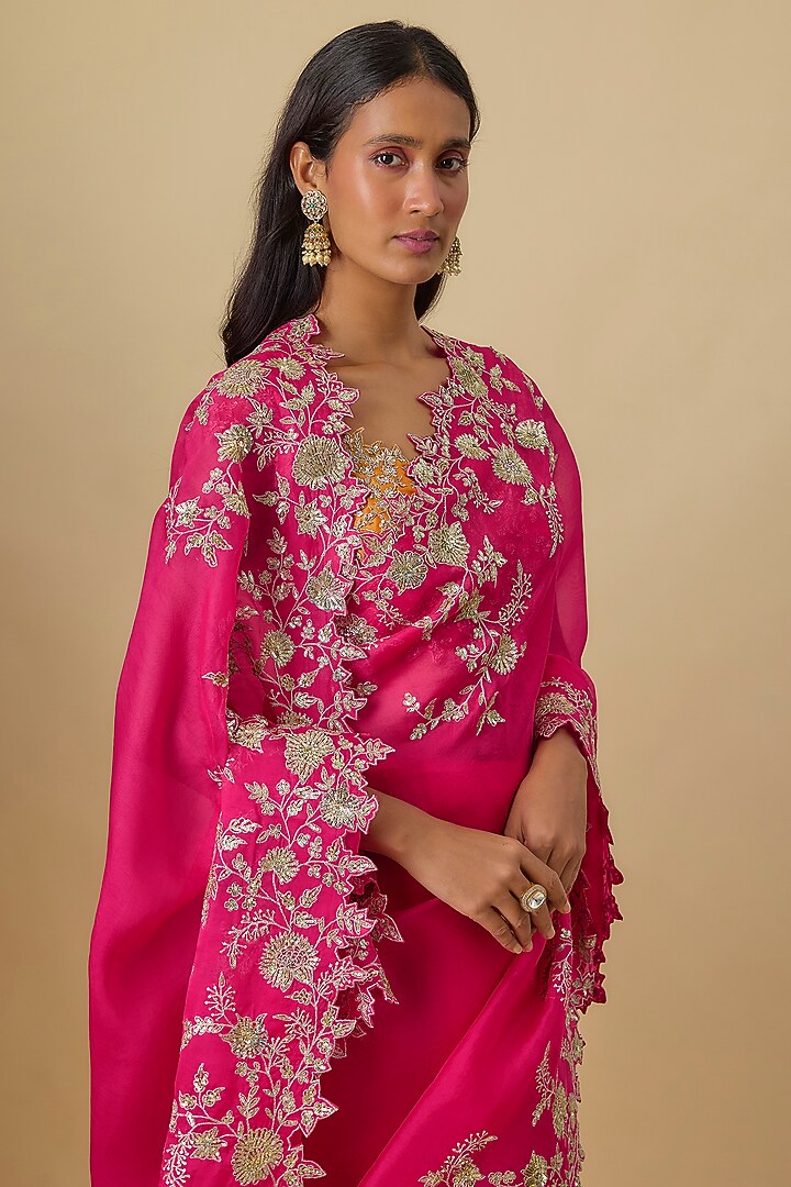 Cherry Red Organza Hand Embroidered Bridal Saree Set by Anushree Reddy at Pernia's Pop Up Shop