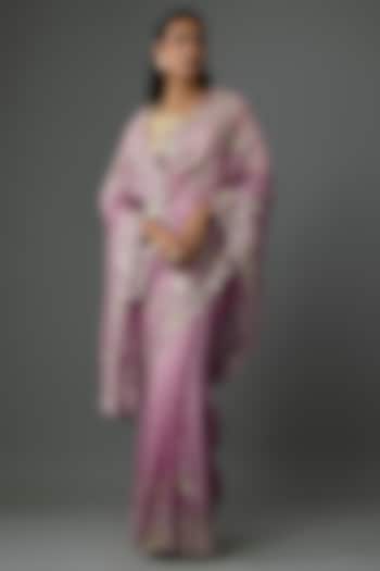 Mauve Organza Hand & Machine Embroidered Bridal Saree Set by Anushree Reddy at Pernia's Pop Up Shop