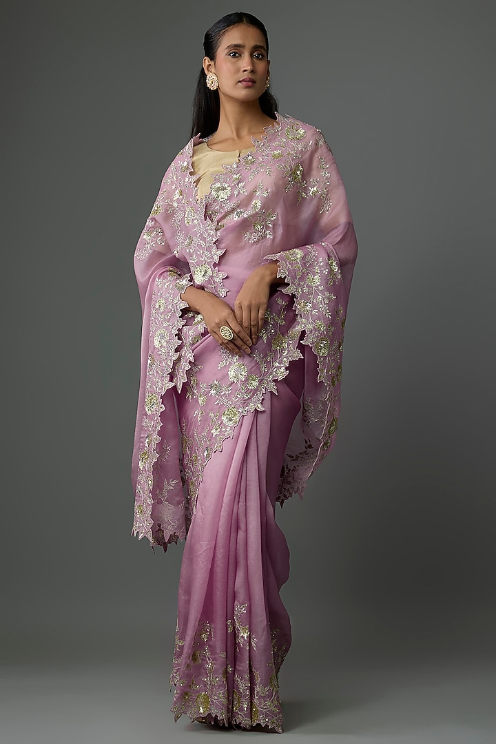 Mauve Organza Hand & Machine Embroidered Bridal Saree Set by Anushree Reddy at Pernia's Pop Up Shop