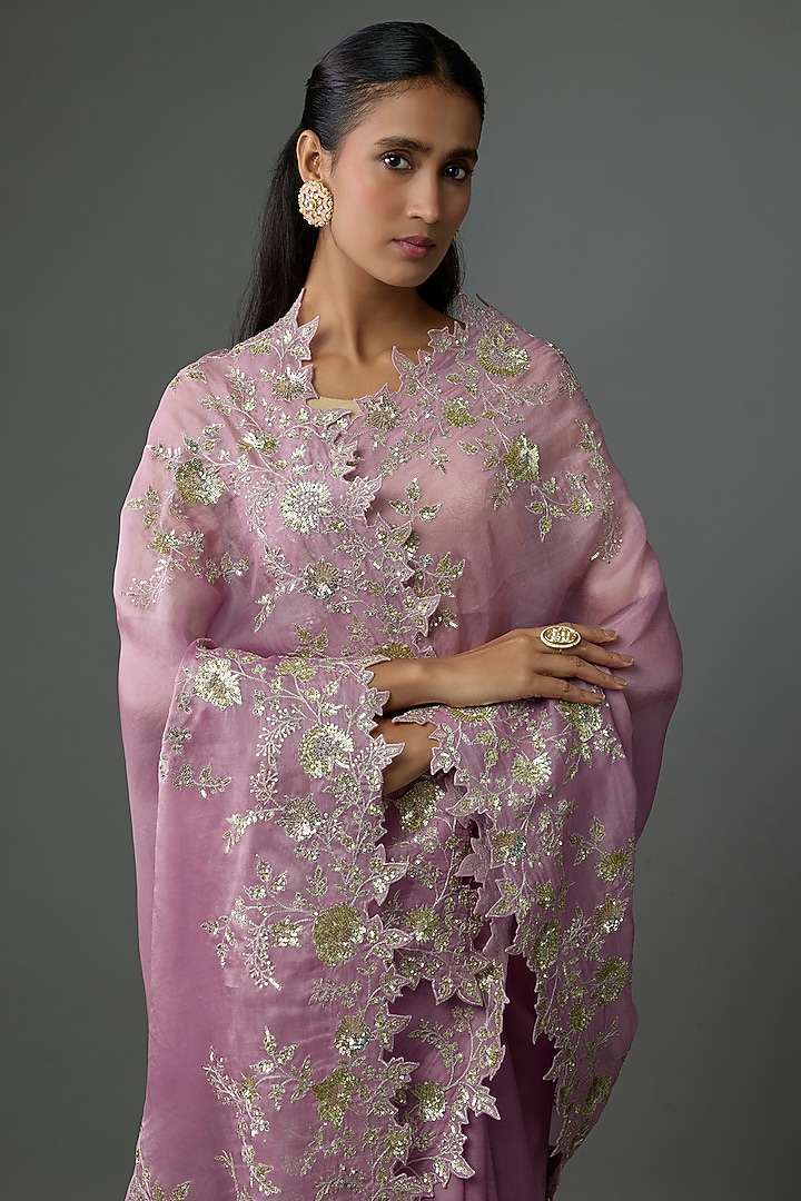 Mauve Organza Hand & Machine Embroidered Bridal Saree Set by Anushree Reddy at Pernia's Pop Up Shop
