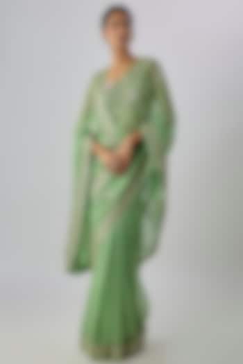 Sea Green Chiffon Hand Embroidered Bridal Saree Set by Anushree Reddy at Pernia's Pop Up Shop
