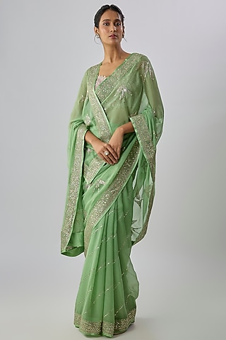 Sea Green Chiffon Hand Embroidered Saree Set by Anushree Reddy