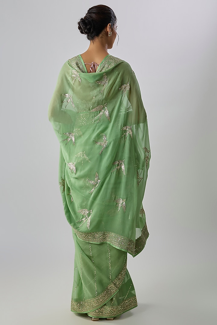 Sea Green Chiffon Hand Embroidered Bridal Saree Set by Anushree Reddy at Pernia's Pop Up Shop