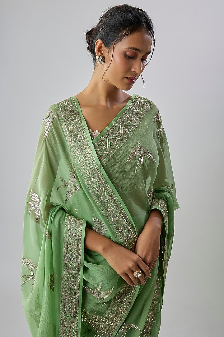 Sea Green Chiffon Hand Embroidered Bridal Saree Set by Anushree Reddy at Pernia's Pop Up Shop