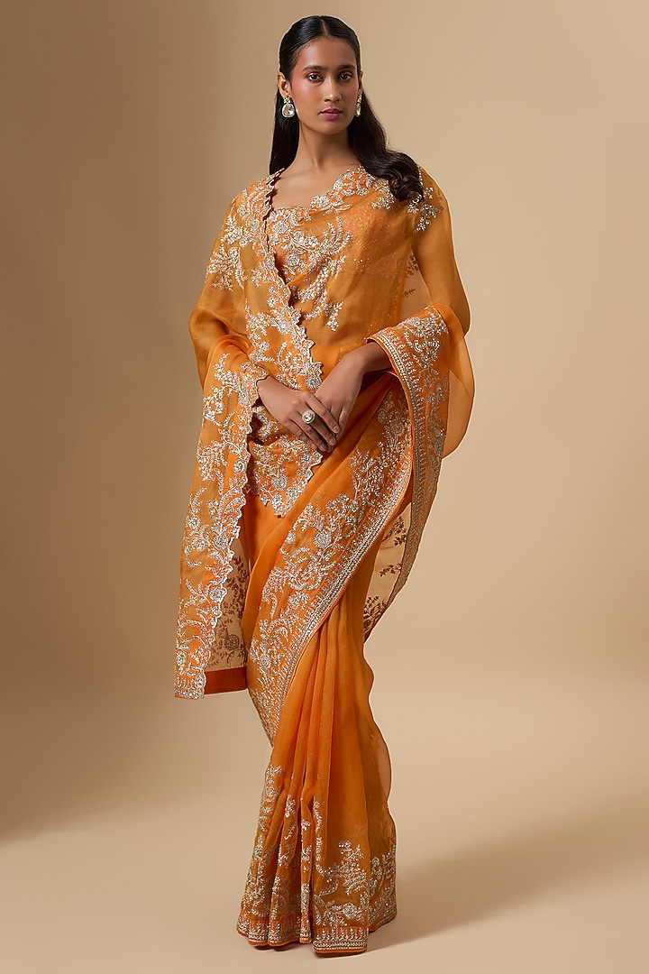 Orange Organza Aari Embroidered Bridal Saree Set by Anushree Reddy at Pernia's Pop Up Shop