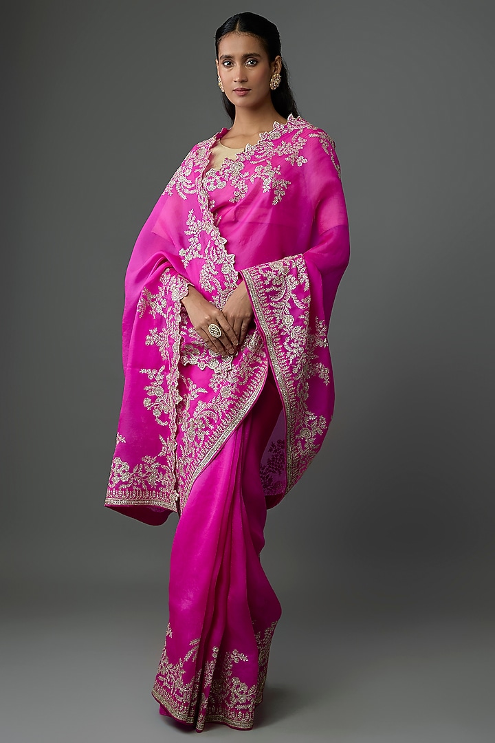 Pink Organza Hand & Machine Embroidered Bridal Saree Set by Anushree Reddy at Pernia's Pop Up Shop