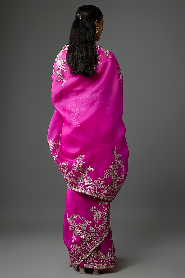 Pink Organza Hand & Machine Embroidered Bridal Saree Set by Anushree Reddy at Pernia's Pop Up Shop