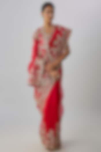 Red Organza Hand Embroidered Bridal Saree Set by Anushree Reddy at Pernia's Pop Up Shop