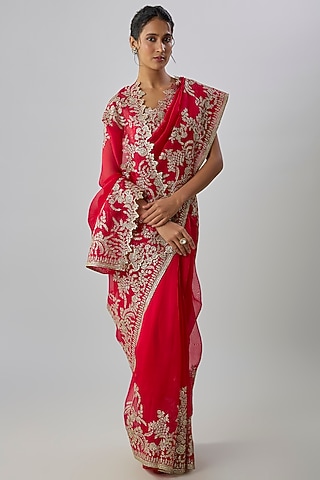 Red Organza Hand Embroidered Saree Set by Anushree Reddy