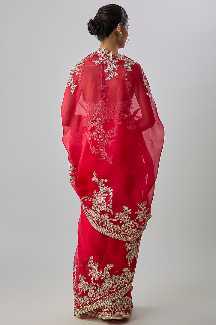 Red Organza Hand Embroidered Bridal Saree Set by Anushree Reddy at Pernia's Pop Up Shop