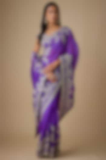 Purple Organza Hand & Machine Embroidered Bridal Saree Set by Anushree Reddy at Pernia's Pop Up Shop