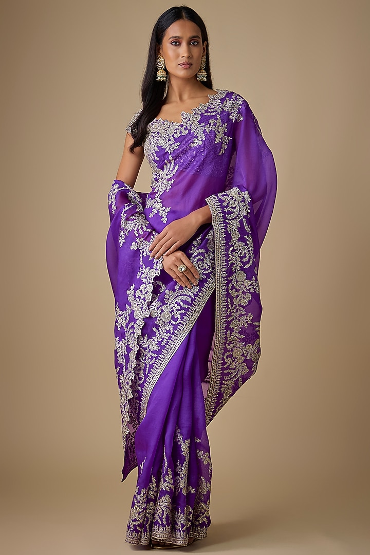 Purple Organza Hand & Machine Embroidered Bridal Saree Set by Anushree Reddy at Pernia's Pop Up Shop
