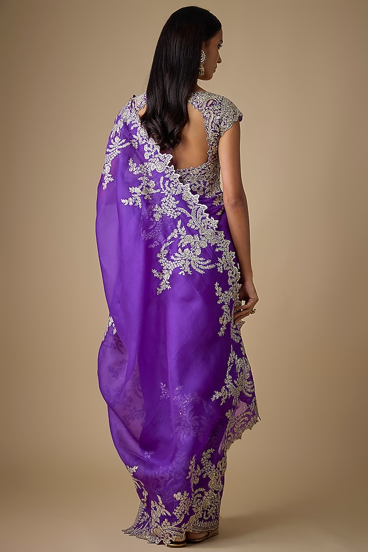 Purple Organza Hand & Machine Embroidered Bridal Saree Set by Anushree Reddy at Pernia's Pop Up Shop
