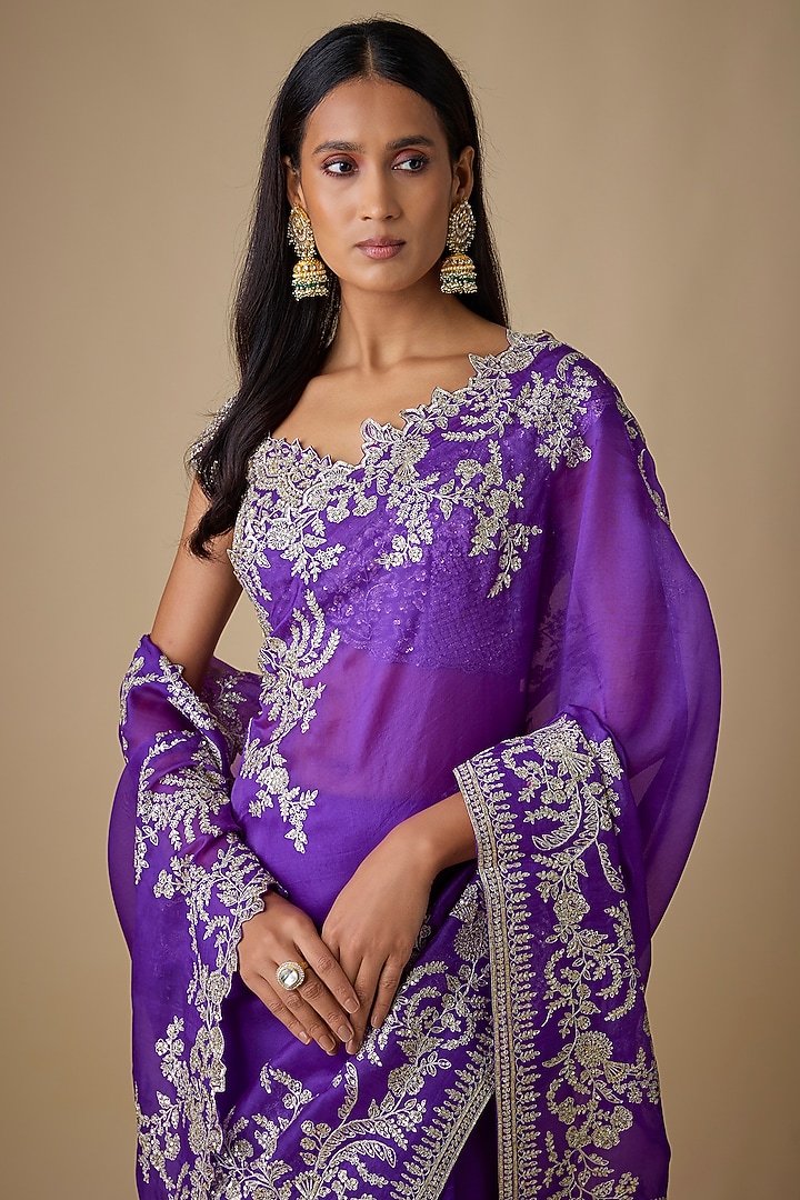 Purple Organza Hand & Machine Embroidered Bridal Saree Set by Anushree Reddy at Pernia's Pop Up Shop