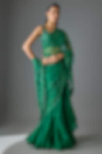 Emerald Green Net Sequins Embroidered Ruffled Bridal Saree Set by Anushree Reddy at Pernia's Pop Up Shop