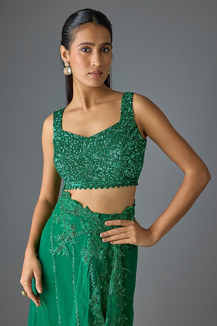 Emerald Green Organza & Net Ruffled Bridal Saree Set by Anushree Reddy at Pernia's Pop Up Shop