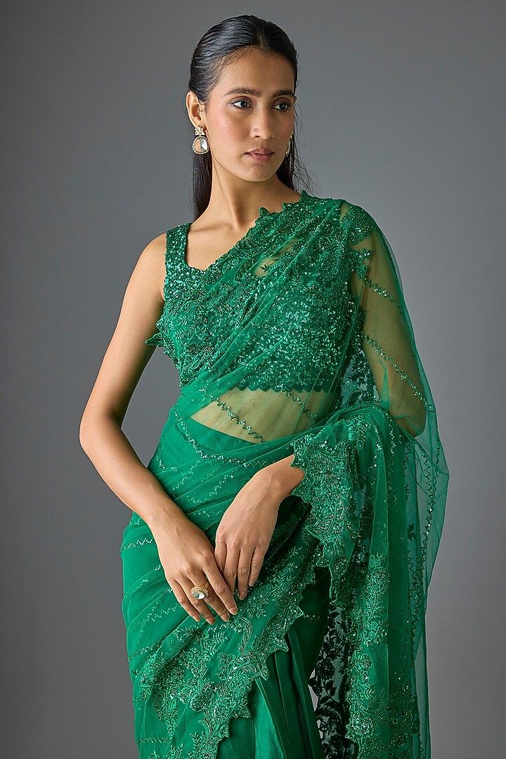 Emerald Green Organza & Net Ruffled Bridal Saree Set by Anushree Reddy at Pernia's Pop Up Shop