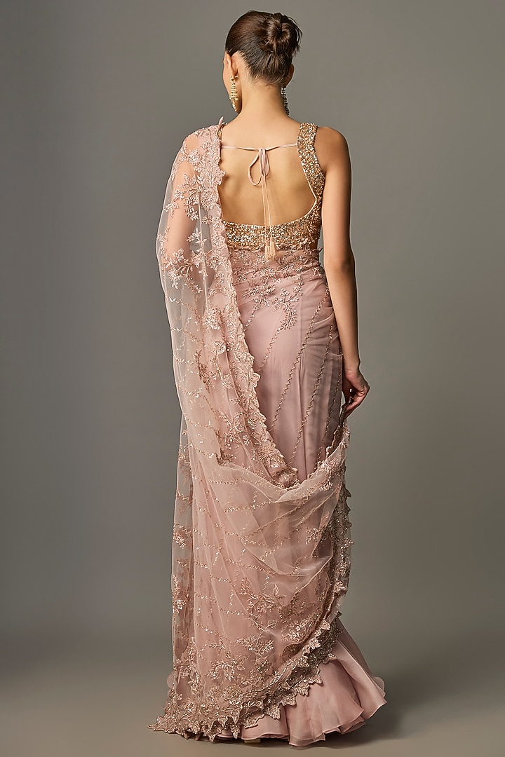 Champagne Net Hand & Machine Embroidered Ruffled Bridal Saree Set by Anushree Reddy at Pernia's Pop Up Shop