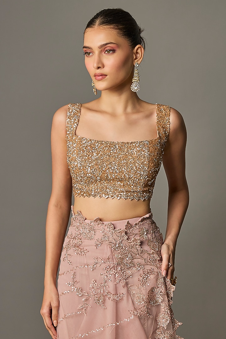 Champagne Net Hand & Machine Embroidered Ruffled Bridal Saree Set by Anushree Reddy at Pernia's Pop Up Shop