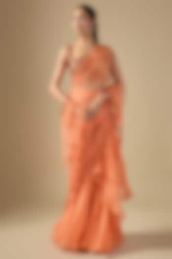 Orange Net Sequins Embroidered Ruffled Bridal Saree Set by Anushree Reddy at Pernia's Pop Up Shop
