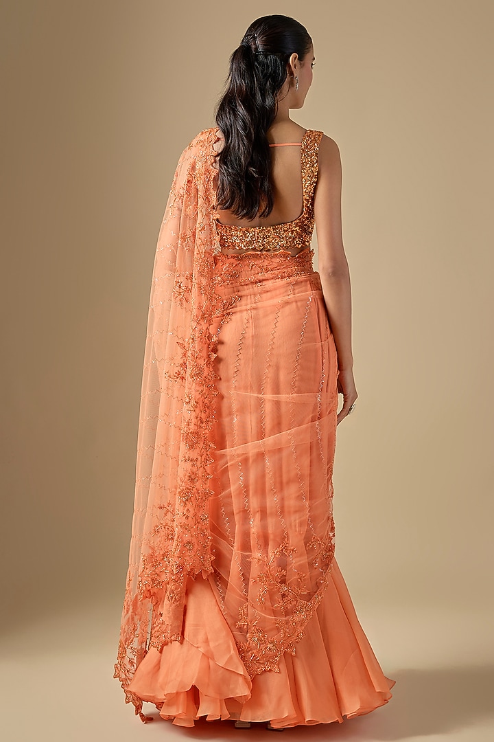 Orange Net Sequins Embroidered Ruffled Bridal Saree Set by Anushree Reddy at Pernia's Pop Up Shop