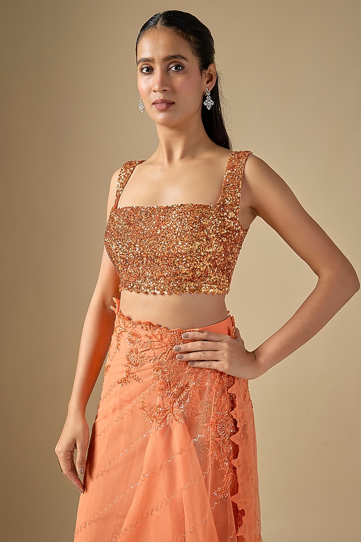 Orange Net Sequins Embroidered Ruffled Bridal Saree Set by Anushree Reddy at Pernia's Pop Up Shop