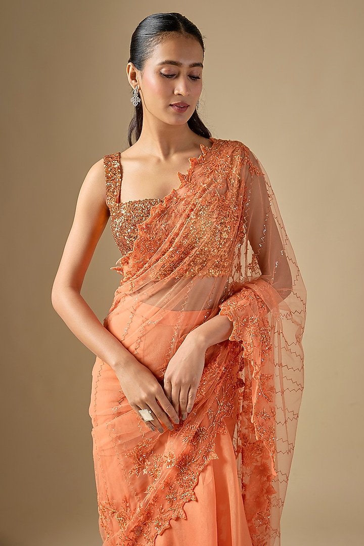 Orange Net Sequins Embroidered Ruffled Bridal Saree Set by Anushree Reddy at Pernia's Pop Up Shop