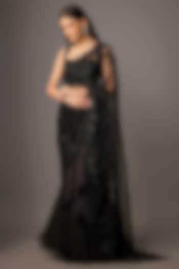Black Net Sequins Hand & Machine Embroidered Ruffled Bridal Saree Set by Anushree Reddy at Pernia's Pop Up Shop