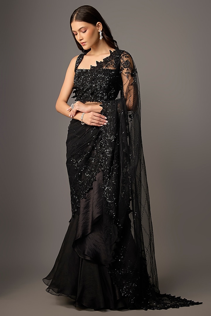 Black Net Sequins Hand & Machine Embroidered Ruffled Bridal Saree Set by Anushree Reddy at Pernia's Pop Up Shop