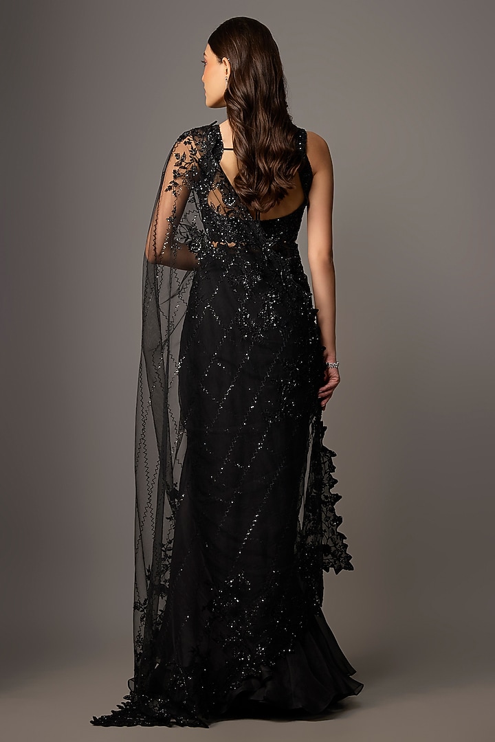 Black Net Sequins Hand & Machine Embroidered Ruffled Bridal Saree Set by Anushree Reddy at Pernia's Pop Up Shop