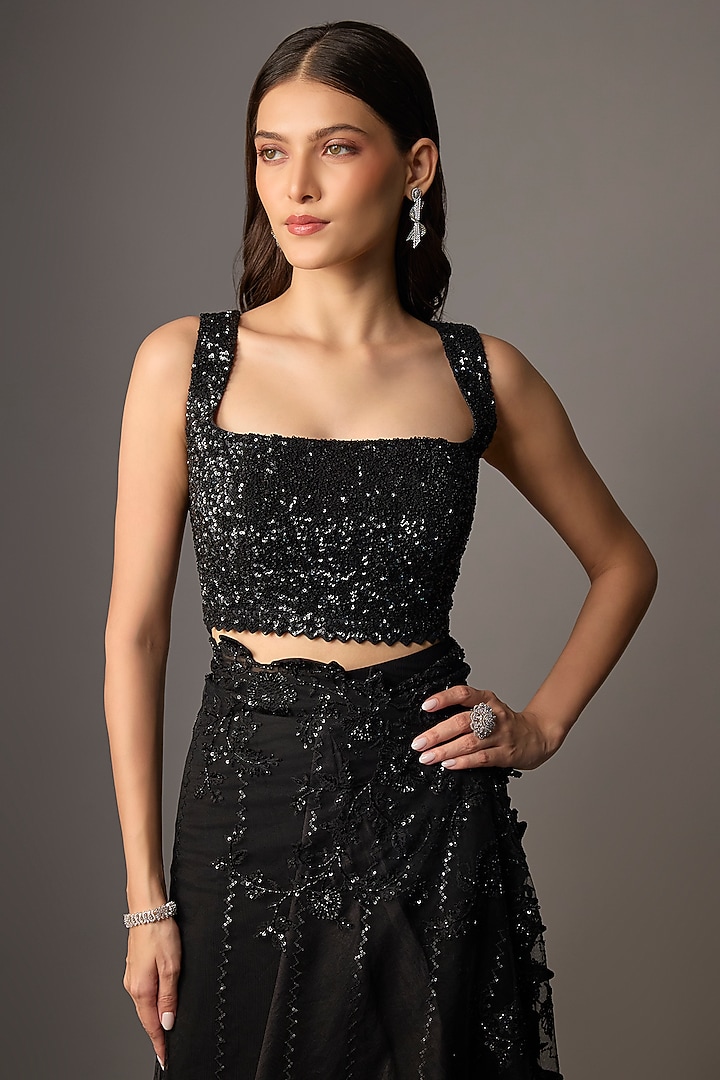 Black Net Sequins Hand & Machine Embroidered Ruffled Bridal Saree Set by Anushree Reddy at Pernia's Pop Up Shop