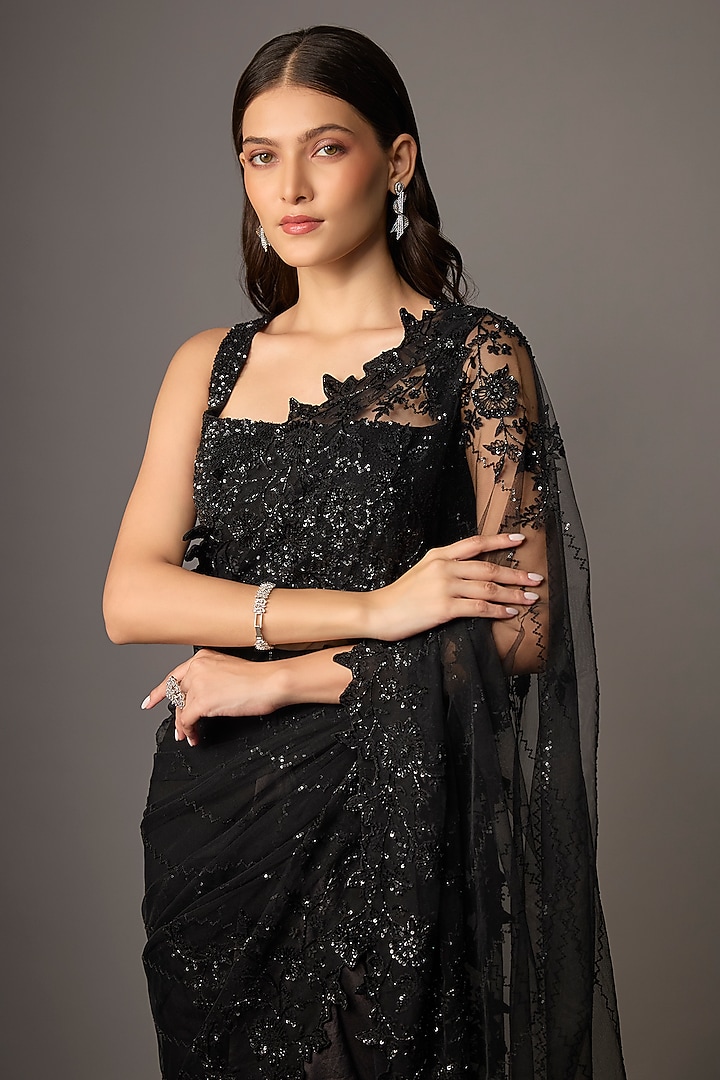 Black Net Sequins Hand & Machine Embroidered Ruffled Bridal Saree Set by Anushree Reddy at Pernia's Pop Up Shop