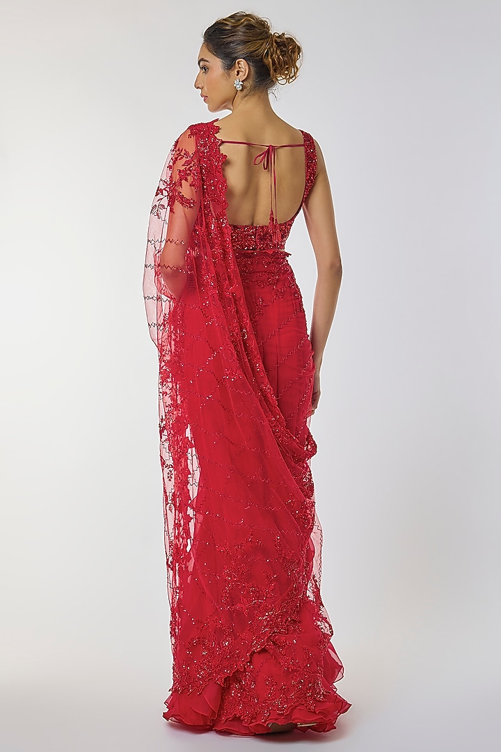 Red Net & Organza Embroidered Ruffled Bridal Saree Set by Anushree Reddy at Pernia's Pop Up Shop