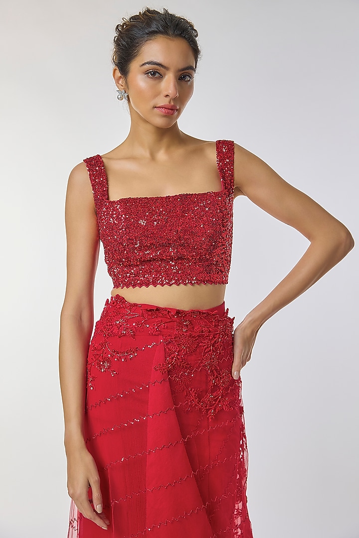 Red Net & Organza Embroidered Ruffled Bridal Saree Set by Anushree Reddy at Pernia's Pop Up Shop