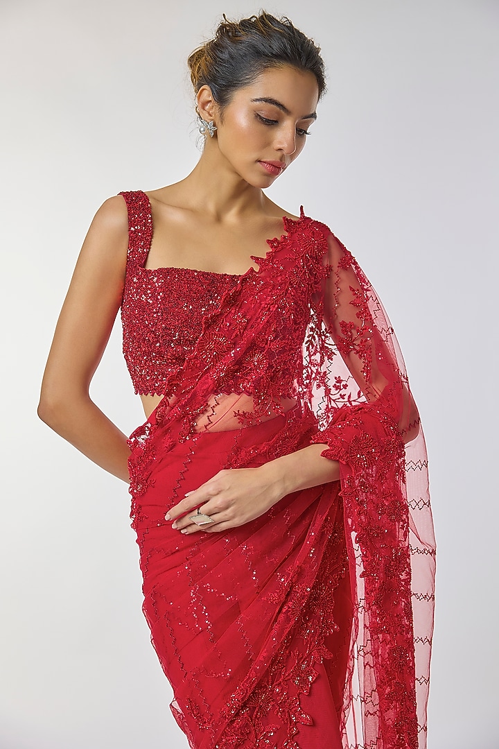 Red Net & Organza Embroidered Ruffled Bridal Saree Set by Anushree Reddy at Pernia's Pop Up Shop