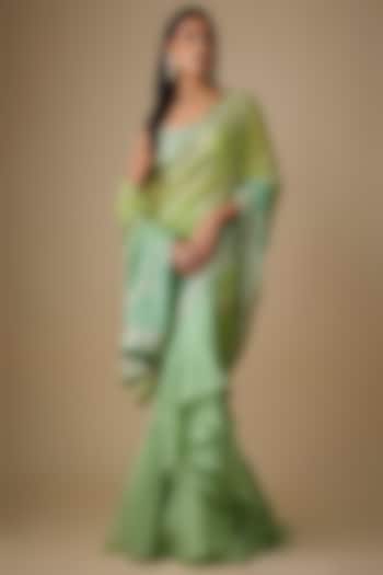 Green Ombre Organza & Chiffon Hand Embroidered Ruffled Bridal Saree Set by Anushree Reddy at Pernia's Pop Up Shop