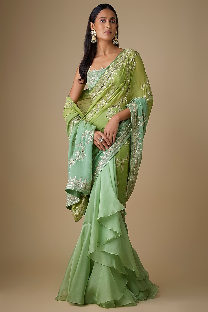 Green Ombre Organza & Chiffon Hand Embroidered Ruffled Bridal Saree Set by Anushree Reddy at Pernia's Pop Up Shop