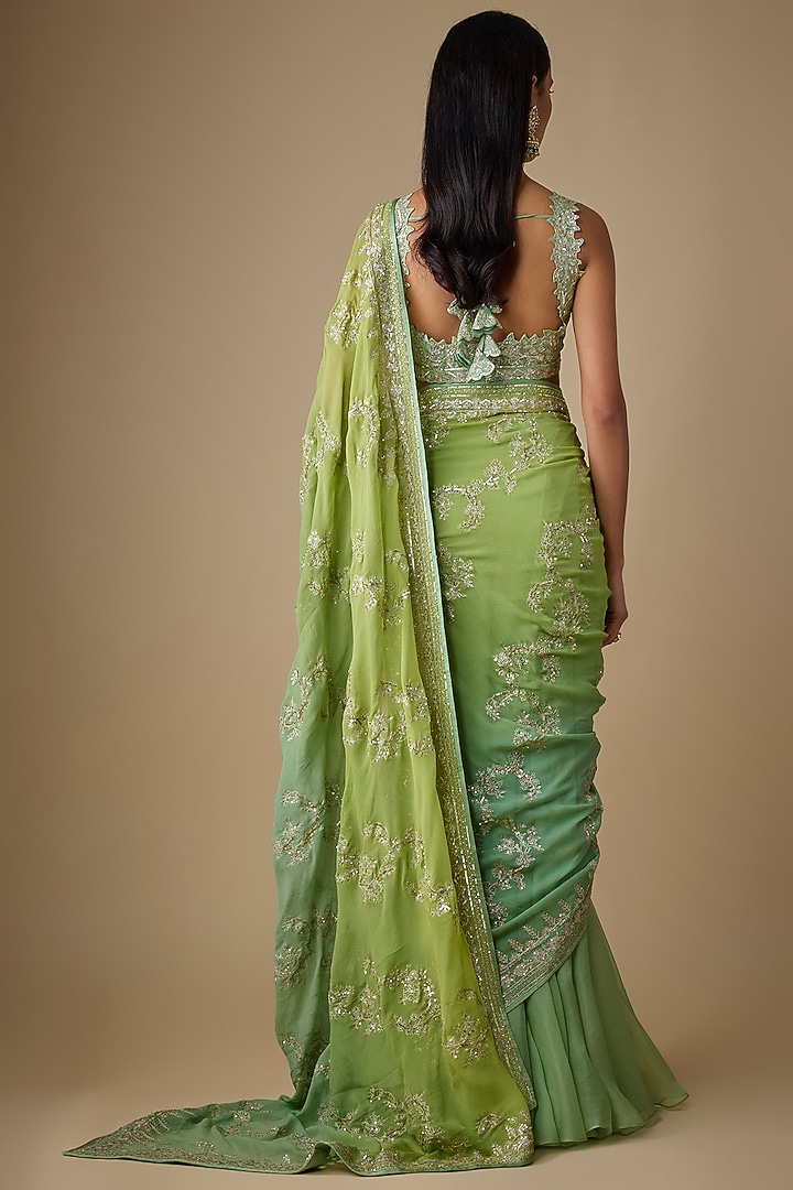 Green Ombre Organza & Chiffon Hand Embroidered Ruffled Bridal Saree Set by Anushree Reddy at Pernia's Pop Up Shop