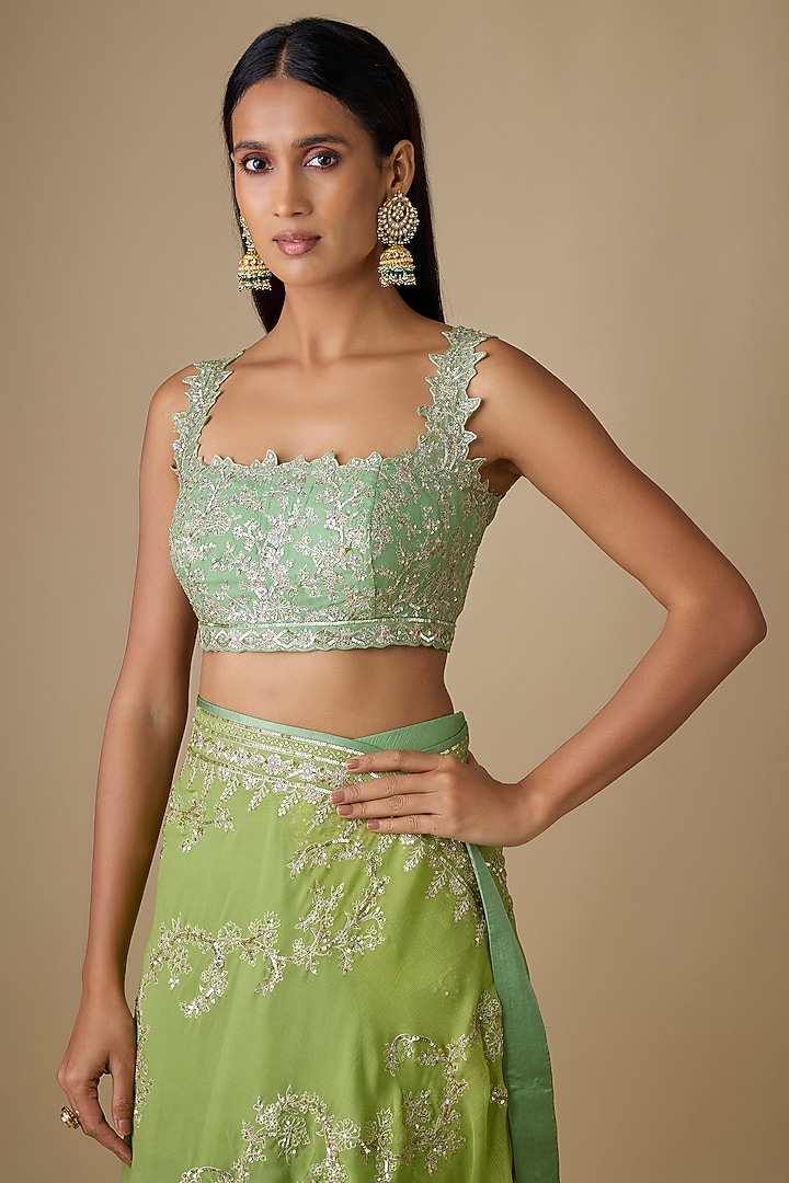 Green Ombre Organza & Chiffon Hand Embroidered Ruffled Bridal Saree Set by Anushree Reddy at Pernia's Pop Up Shop