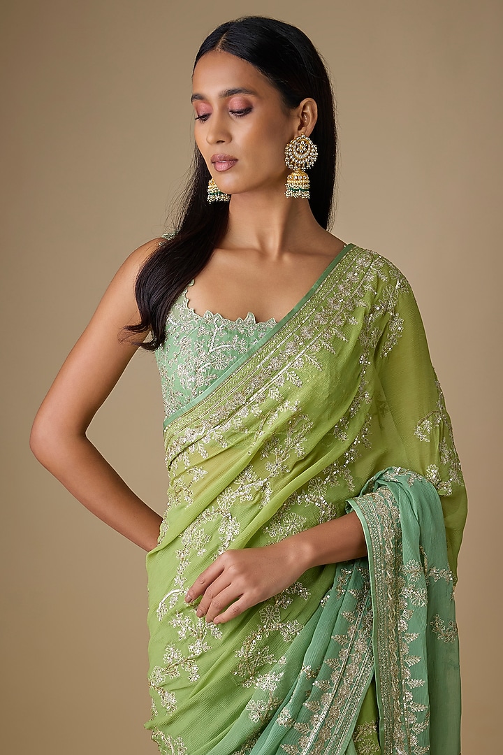 Green Ombre Organza & Chiffon Hand Embroidered Ruffled Bridal Saree Set by Anushree Reddy at Pernia's Pop Up Shop