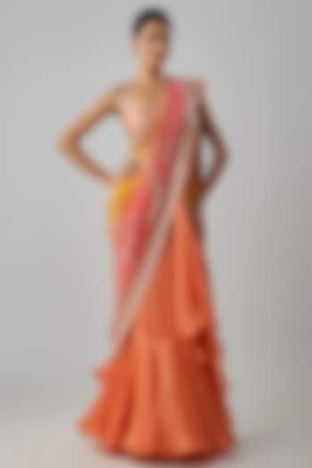 Yellow & Peach Chiffon & Organza Embroidered Ruffled Bridal Saree Set by Anushree Reddy at Pernia's Pop Up Shop