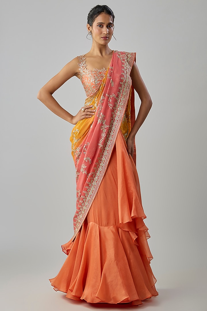 Yellow & Peach Chiffon & Organza Embroidered Ruffled Bridal Saree Set by Anushree Reddy at Pernia's Pop Up Shop