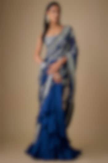 Navy Blue Organza & Chiffon Hand Embroidered Ruffled Bridal Saree Set by Anushree Reddy at Pernia's Pop Up Shop