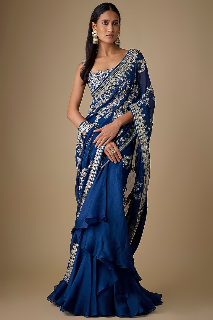 Navy Blue Organza & Chiffon Hand Embroidered Ruffled Bridal Saree Set by Anushree Reddy at Pernia's Pop Up Shop