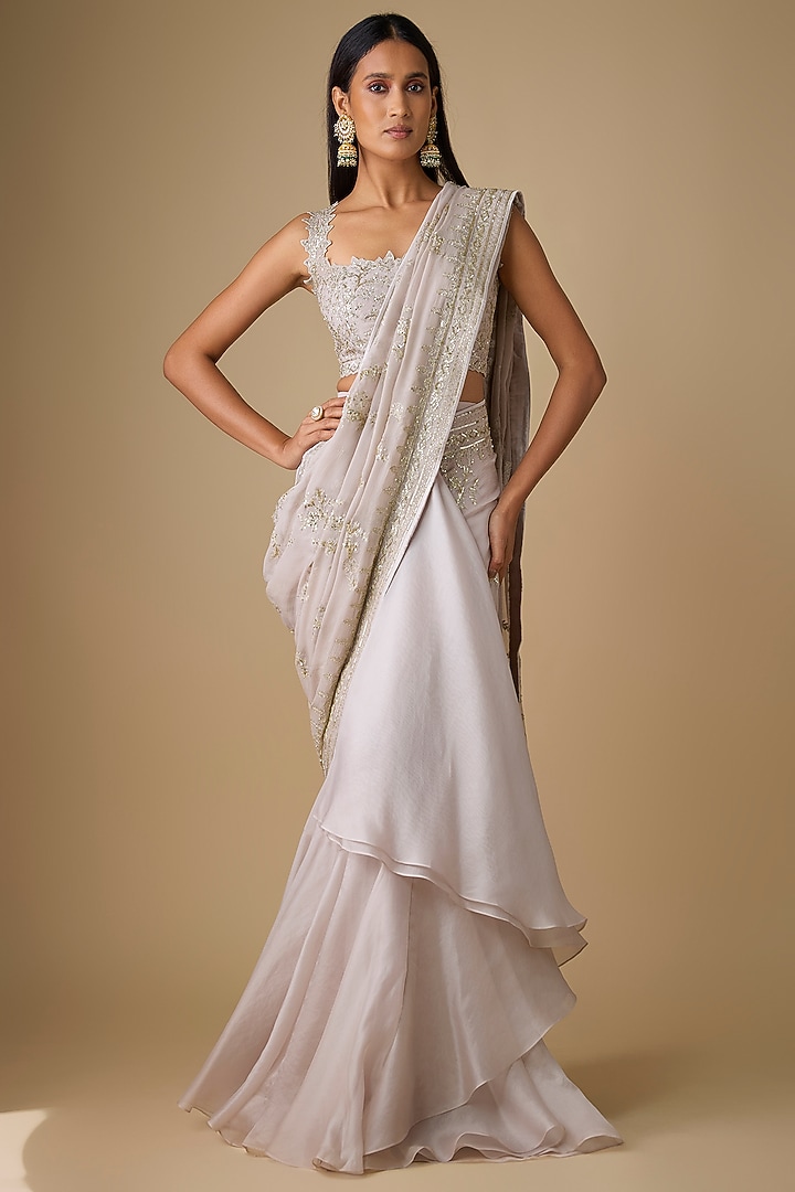 Ivory Organza & Chiffon Hand Embroidered Ruffled Bridal Saree Set by Anushree Reddy at Pernia's Pop Up Shop