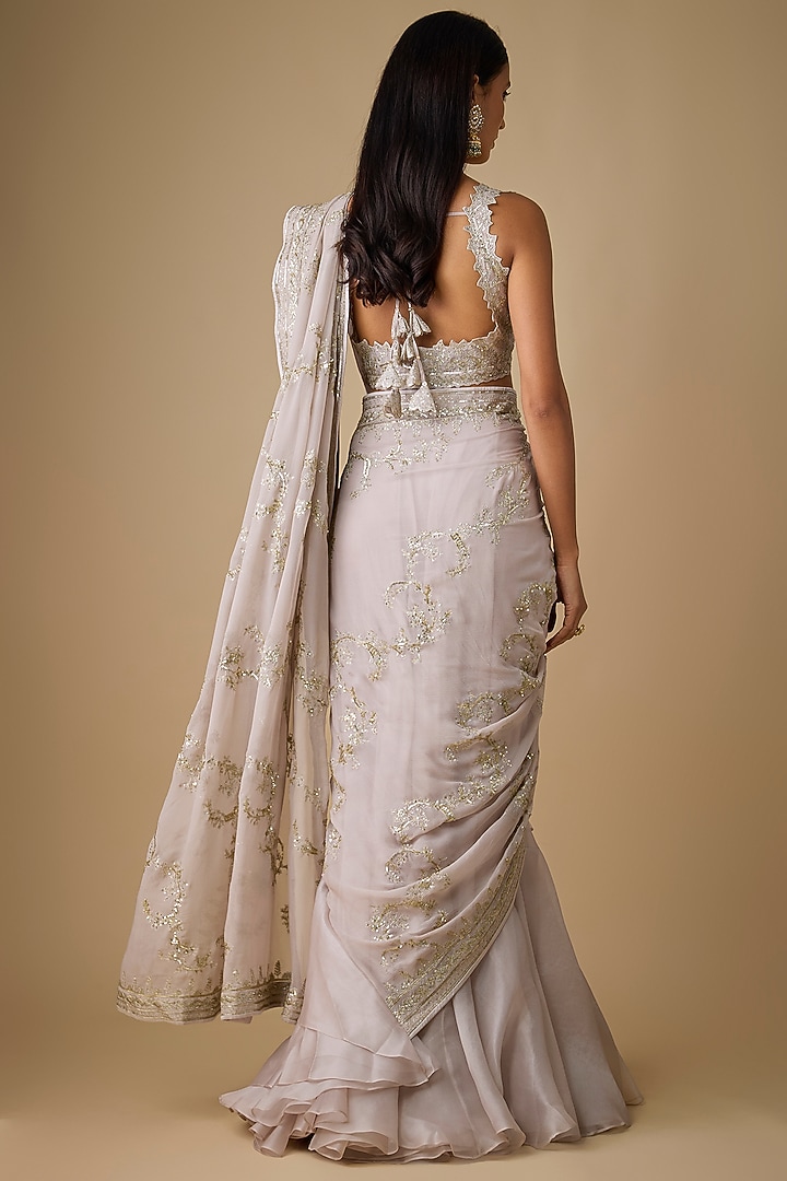 Ivory Organza & Chiffon Hand Embroidered Ruffled Bridal Saree Set by Anushree Reddy at Pernia's Pop Up Shop