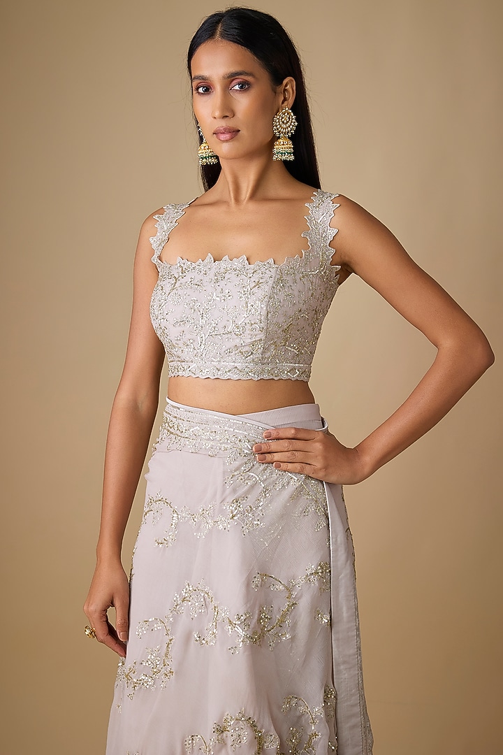 Ivory Organza & Chiffon Hand Embroidered Ruffled Bridal Saree Set by Anushree Reddy at Pernia's Pop Up Shop