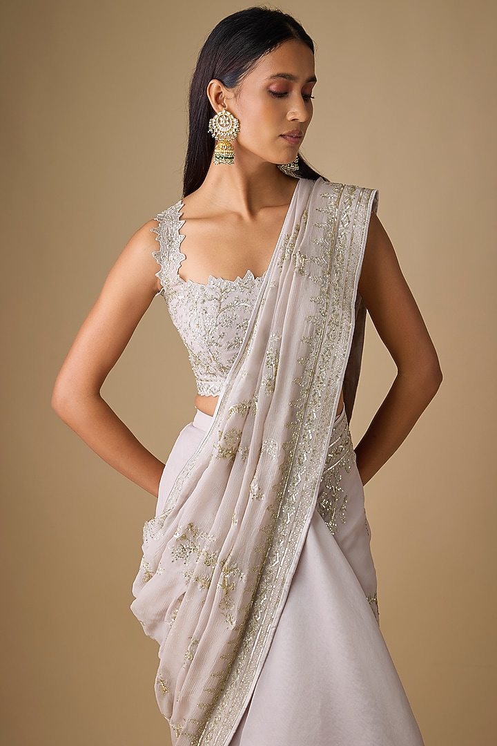 Ivory Organza & Chiffon Hand Embroidered Ruffled Bridal Saree Set by Anushree Reddy at Pernia's Pop Up Shop
