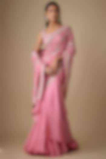 Pink Organza & Chiffon Hand Embroidered Ruffled Bridal Saree Set by Anushree Reddy at Pernia's Pop Up Shop