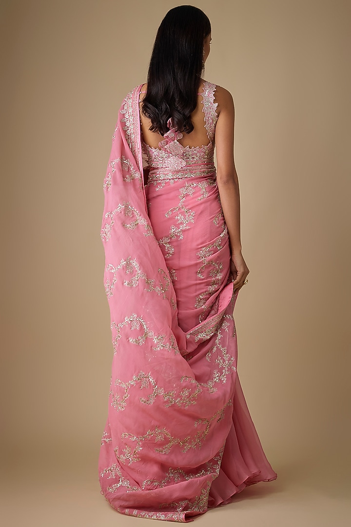 Pink Organza & Chiffon Hand Embroidered Ruffled Bridal Saree Set by Anushree Reddy at Pernia's Pop Up Shop